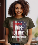 Young model wearing green t-shirt that reads "Honored Wife Of My Military Man".